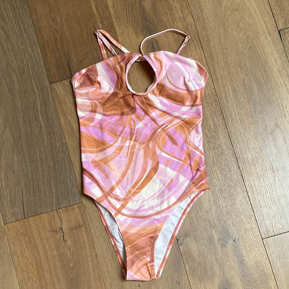 Stylish Pink and Brown One Piece Swimsuit